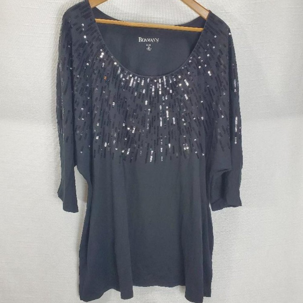 Roamans Sequin Top Womens 2x (26/28) Blk 3/4 Sleeve Side Slits Shirt Scoop Neck